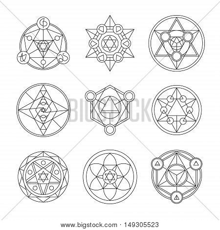 Sacred geometry linear contour elements. Alchemy, religion, philosophy, spirituality, hipster symbols and elements. Vector illustration. Geometric Shapes