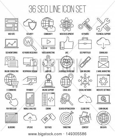 SEO icons. Internet and development signs. Web site, keyword, anchor, SMM, technical support, video marketing and other things. Line art vector illustration.