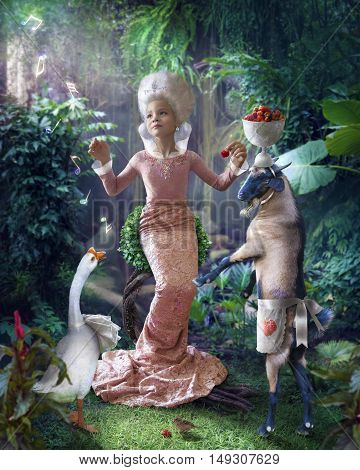 fantasy work with a little girl surrounded by animals