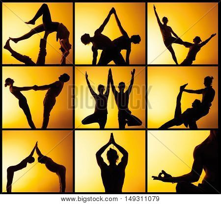 The collage from images of two silhouettes of people practicing yoga in the sunset light
