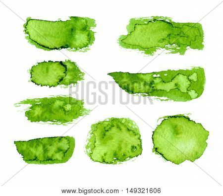 Hand drawn stains for organic product ecology nature design. Vector green watercolor bio eco label and shape on white background.