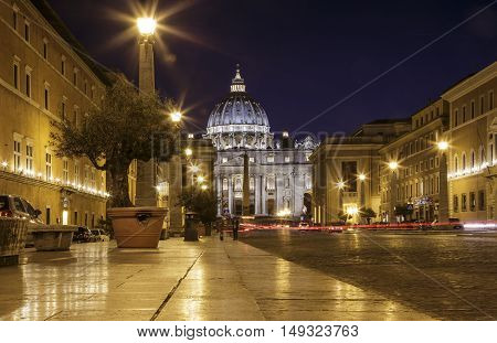 View of Basilica di San Pietro at night, Vatican, Rome, Italy