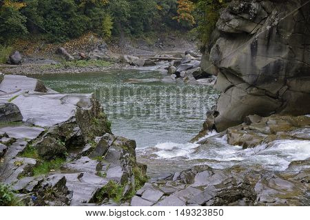 Prut river and its rapids in Carpathian mountains at rainy autumn day