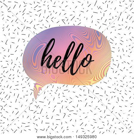 Hello speech bubble greeting card fashion poster. Vector hand lettering quote on abstract confetti seamless pattern background.