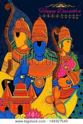 illustration of Lord Ram, Sita, Laxmana, Hanuman and Ravana in Dussehra Navratri festival of India poster