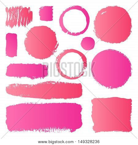 Hand drawn abstract make up paint brush strokes. Vector set collection of pink gradient smears paint isolated on white background.