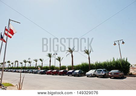 Hurghada, Egypt -20 August 2016: Car Parking Near Resort Hotel At Egypt
