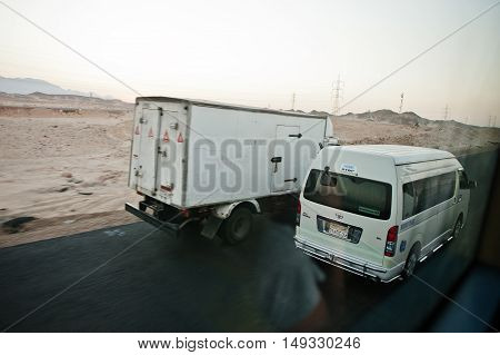 Hurghada, Egypt -20 August 2016: Moving On Highway Egyptian Cars And Bus