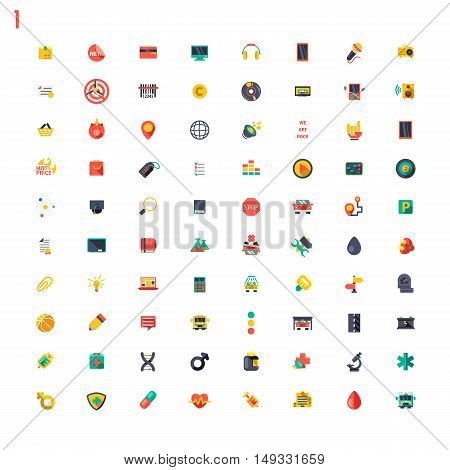 Big set of colourful flat icons on white background
