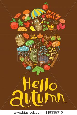 Hellow autumn hand-drawn lettering composition. Fall season background with calligraphic quote. Vector illustration of acorn silhouette with owl rainy cloud rowan hedgehog leaves