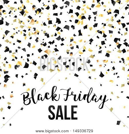 Black Friday sale inscription design template.Black and gold konfetti Black Friday banner. Vector illustration