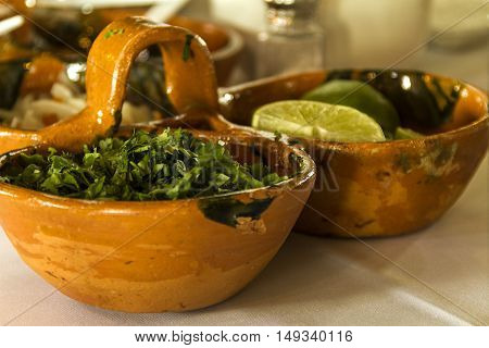 Lemon and spices for tacos on a table