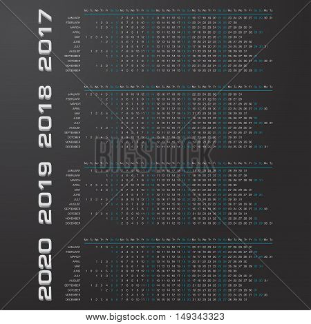 Horizontal calendar years 2017-2020. Every month one lane