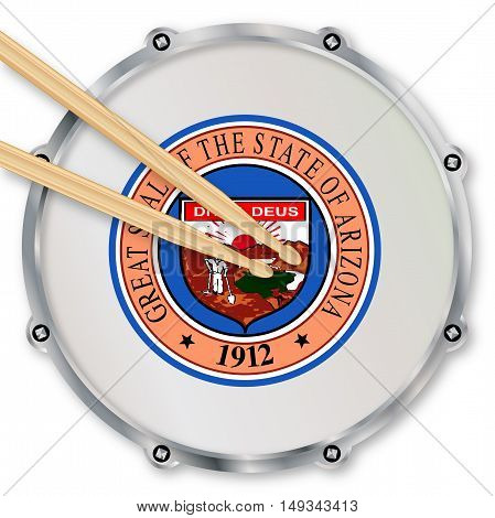 Arizona state seal snare drum batter head with tuning screws and with drumsticks over a white background