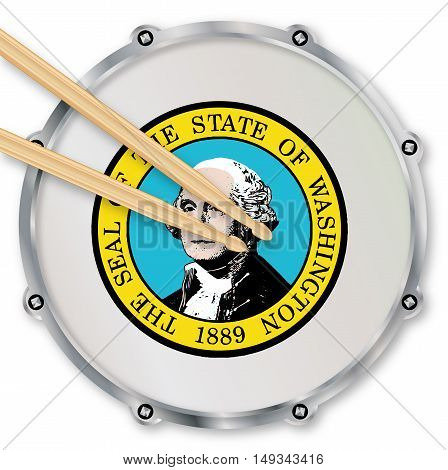 Washington state seal snare drum batter head with tuning screws and with drumsticks over a white background