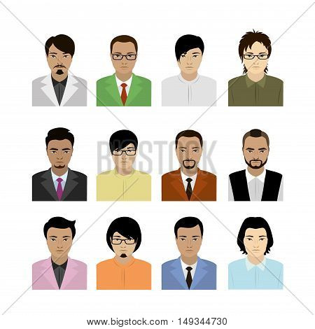 Asian man avatar. Faces and hair styles, isolated on white background, vector stock illustration