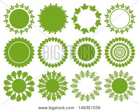 Vector green circle labels mandala round shapes frames with grunge leaves. Elements set for natural organic bio healthy beauty design.