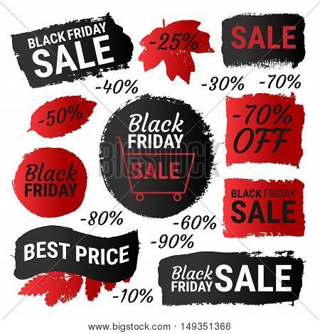 Black Friday sale best price gradient banners labels round shapes. Vector collection of paint brush strokes isolated on white background. Hand drawn grunge design elements set with autumn leaves.