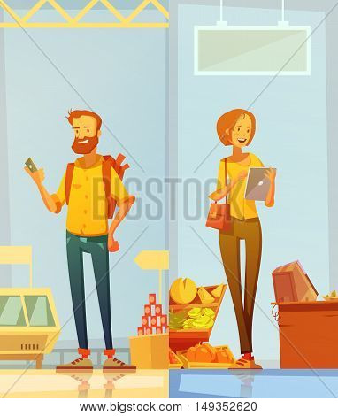 Happy cartoon buyers two vertical banners with man and woman standing in supermarket interior with gadgets in their hands flat vector illustration