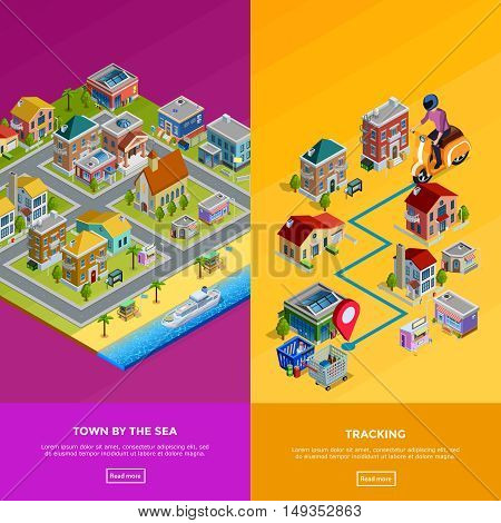 Isometric city banners with town by sea and delivery to house isolated vector illustration