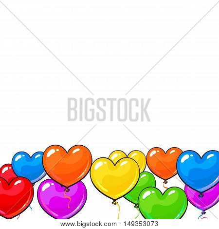 Greeting card template with bright and colorful heart shaped balloons, cartoon vector illustration isolated on white background. Multicolored heart balloons forming a frame, balloon-filled from below
