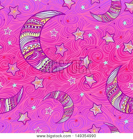 Doodle seamless dream night pattern background with stars and crescent moon in hand-drawn zentangle style