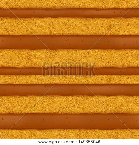 Sponge cake with caramel cream filling background. Colorful seamless texture. Vector illustration. Good for bakery menu design - poster banner flyer packaging.