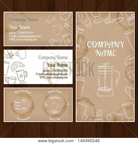 Set of beige and white business card with hand drawn coffee cups on brown wooden background vector illustration
