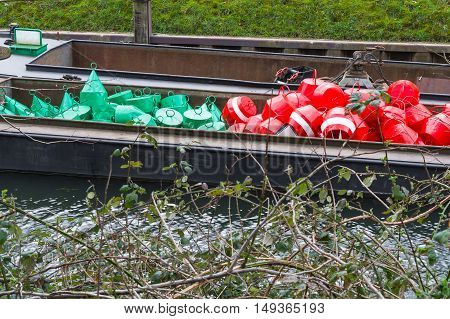 Red and green buoys as marking the shipping waterway.