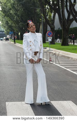 Fashionable Woman Posing During Milan Fashion Week