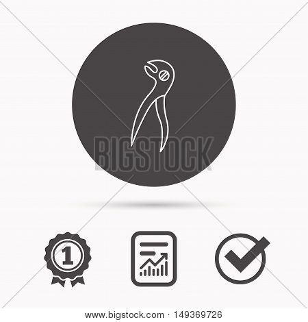 Dental pliers icon. Stomatological forceps tool sign. Report document, winner award and tick. Round circle button with icon. Vector
