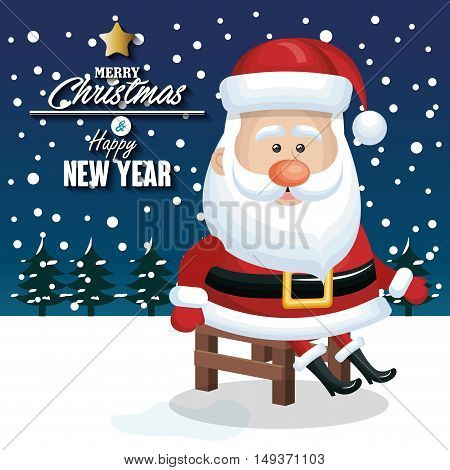merry christmas and happy new yaer santa claus sitting sanowfall tree design vector illustration