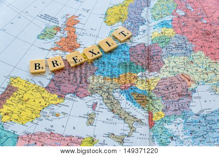 London UK - June 12 2016: Brexit word on european map. The United Kingdom European Union membership referendum on 23 June 2016