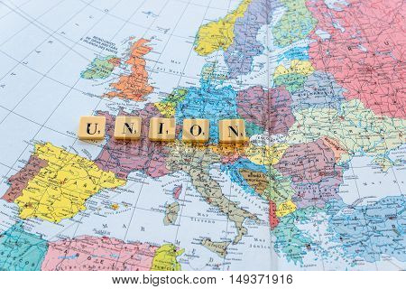 London UK - June 12 2016: Union word on european map. The United Kingdom European Union membership referendum on 23 June 2016