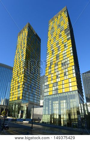 LAS VEGAS - DEC 24, 2015: Veer Towers are luxurious residential buildings opened in 2010 on Las Vegas Strip in Las Vegas, Nevada, USA.