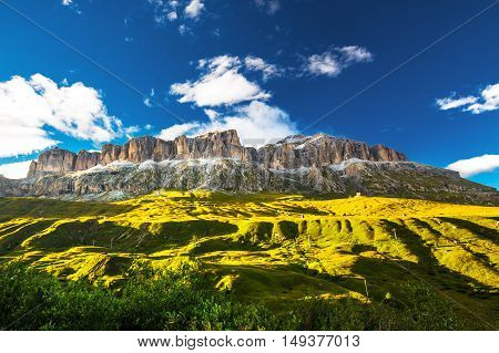 View to Sass Pordoi massive in Dolomites Italy Europe