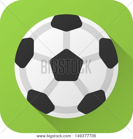 Vector illustration. Toy leather black and white soccer ball in flat design with long shadow. Square shape icon in simple design. Icon vector size 1024 corner radius 180