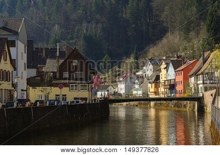NEUENBUERG GERMANY April 30 - 2015: water reflection of colorful house in spring Neuenbuerg Germany