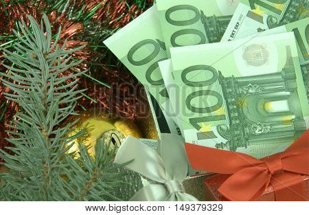 Christmas and New Year is time to spend money
gift with money 
one hundred Euro bank