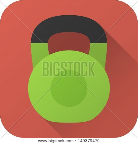Vector illustration. Toy kettlebell in flat design with long shadow. Square shape icon in simple design. Icon vector size 1024 corner radius 180