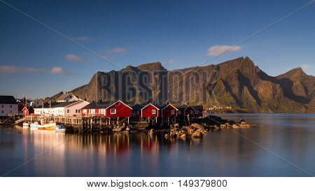 Fishing village Hamnoy under a blue sky - Long exposure version Lofoten Norway
