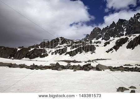Snow Mountain And Gray Clouds Before Storm