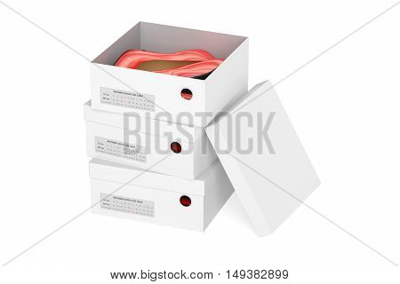 Red high heel shoes in the shoeboxes 3D rendering isolated on white background