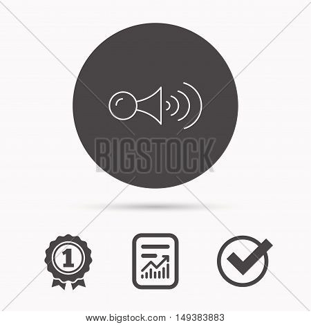 Klaxon signal icon. Car horn sign. Report document, winner award and tick. Round circle button with icon. Vector