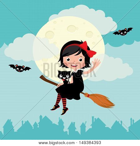 Little witch flying on a broom on the moon background Stock cartoon vector illustration