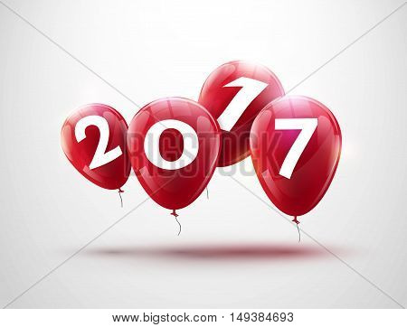Happy New Year 2017 red balloons design. Greeting card with red balloons celebration decoration.