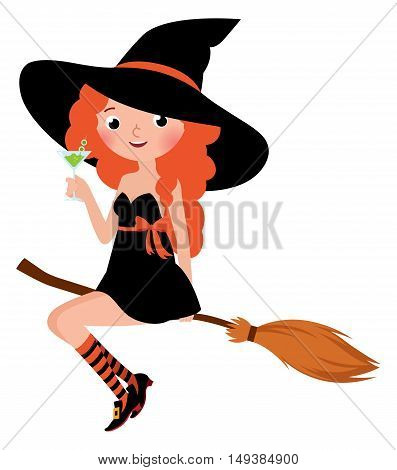 Halloween witch on a broomstick drinks cocktail Stock cartoon vector illustration