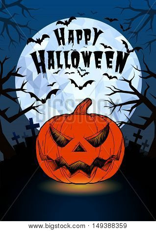 Halloween pumpkin jack lantern and darkness graveyard on full moon background illustration in vintage less color style