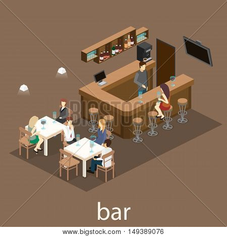 Isometric 3D Flat Interior Of Bar Or Pub.