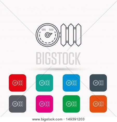 Radiator with regulator icon. Heater sign. Linear icons in squares on white background. Flat web symbols. Vector
